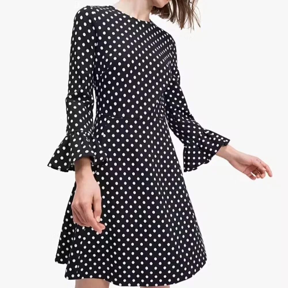 Kate Spade Lia Dot Ponte Dress Black White Polka Dot Flounce Sleeves Size XS